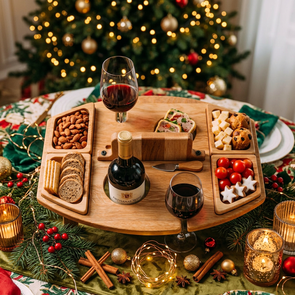 Tabla de servir navideña de madera con soporte para vino y aperitivos