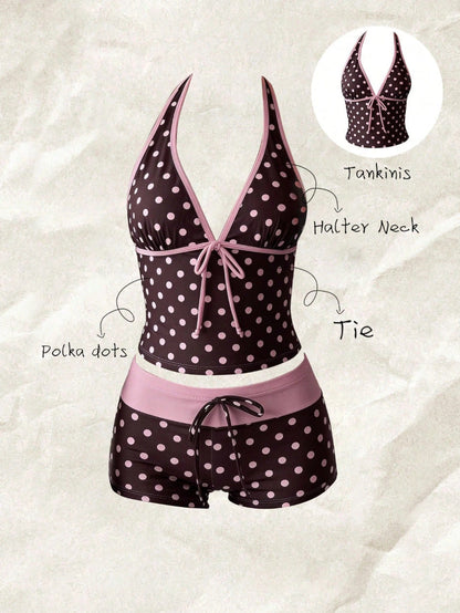 Tankini de lunares para mujer con cuello halter ajustable