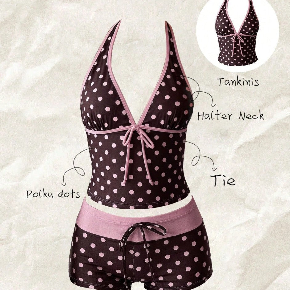 Tankini de lunares para mujer con cuello halter ajustable