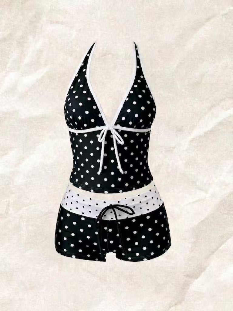 Tankini de lunares para mujer con cuello halter ajustable