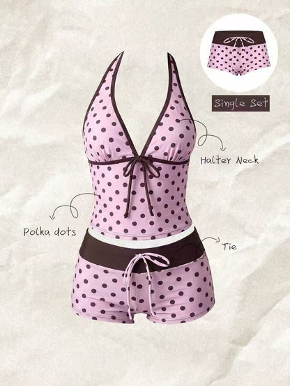 Tankini de lunares para mujer con cuello halter ajustable