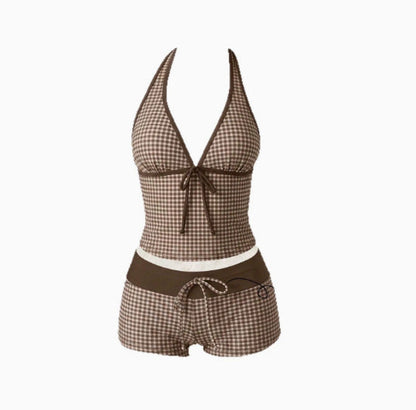 Tankini de lunares para mujer con cuello halter ajustable