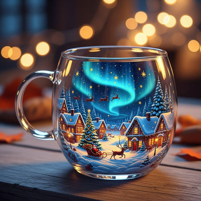 Taza cónica de vidrio transparente con motivo de paisaje escarchado