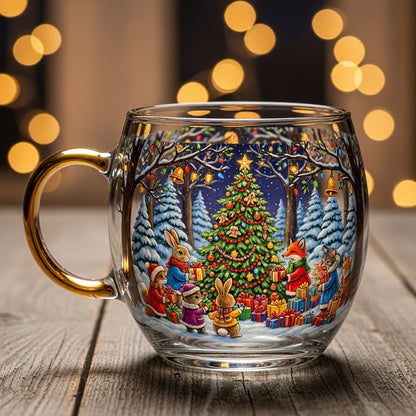 Taza cónica de vidrio transparente con motivo de paisaje escarchado