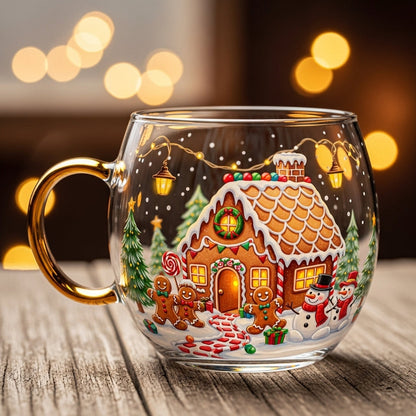 Taza cónica de vidrio transparente con motivo de paisaje escarchado