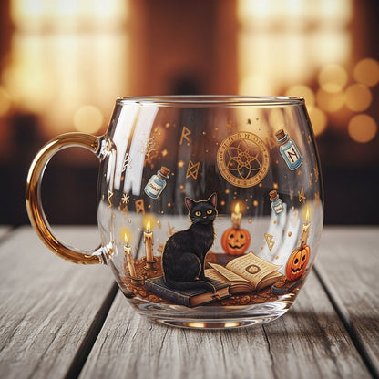 Taza cónica de vidrio transparente con motivo de paisaje escarchado
