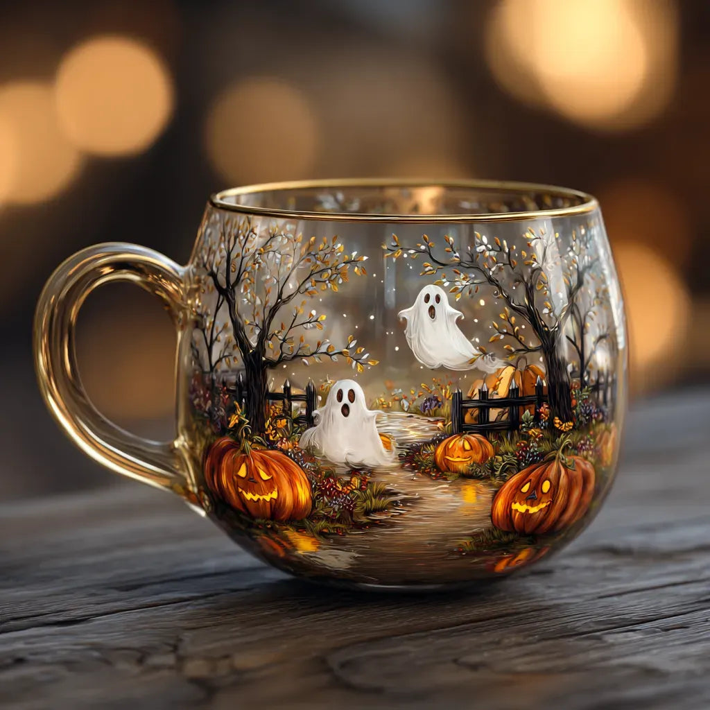 Taza cónica de vidrio transparente con motivo de paisaje escarchado