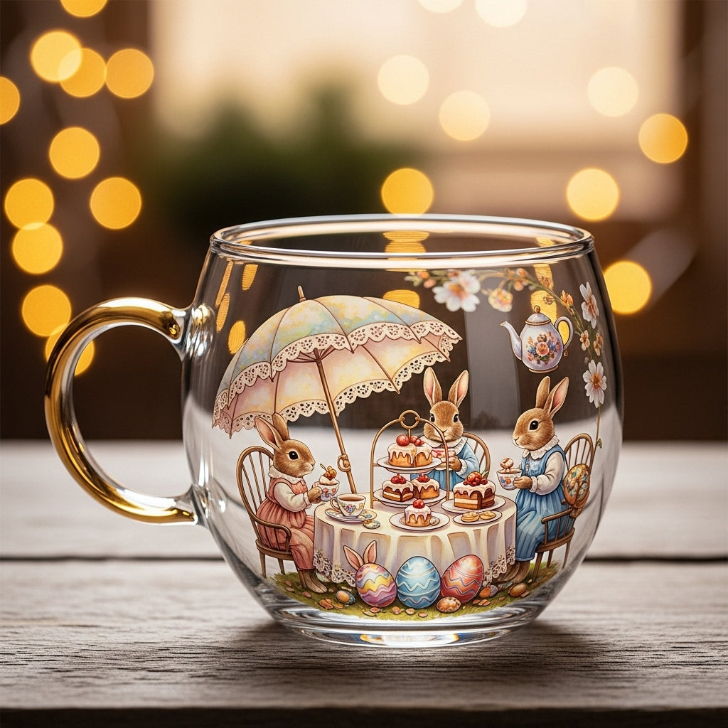 Taza cónica de vidrio transparente con motivo de paisaje escarchado
