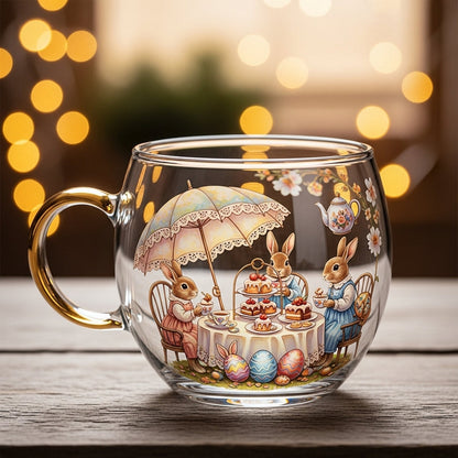Taza cónica de vidrio transparente con motivo de paisaje escarchado