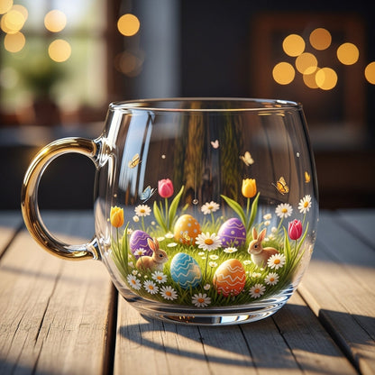 Taza cónica de vidrio transparente con motivo de paisaje escarchado