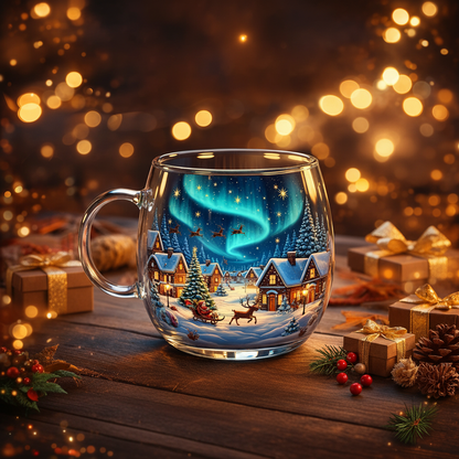 Taza cónica de vidrio transparente con motivo de paisaje escarchado