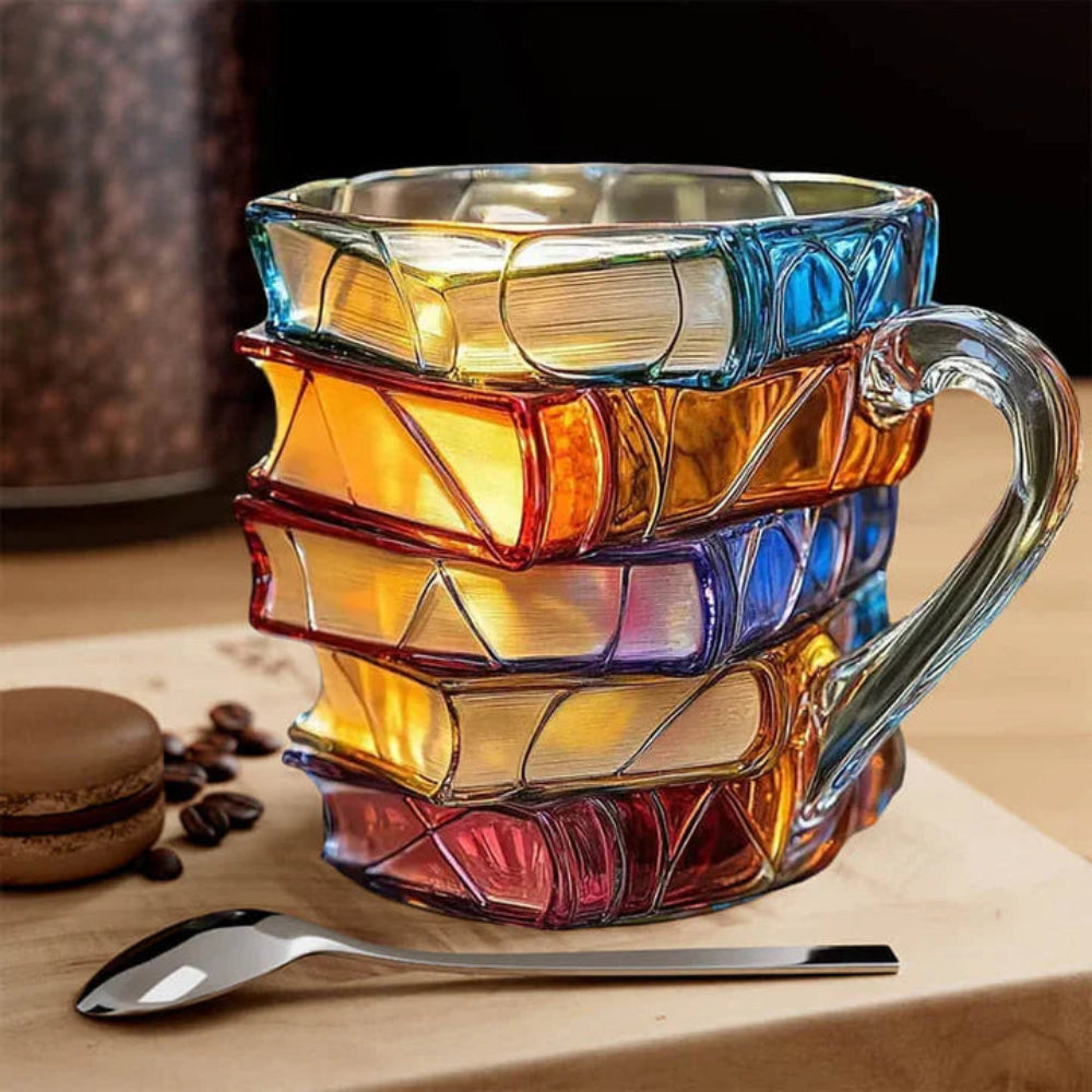 Taza de Café de Vidrio de 350 ml con Patrón de Libro en 3D – Hecha a Mano, Vidrio de Alta Calidad
