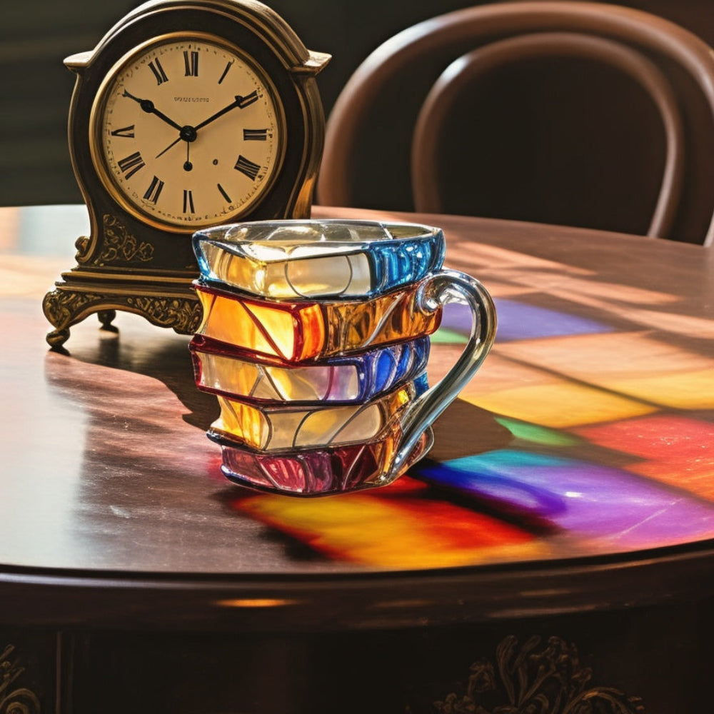 Taza de Café de Vidrio de 350 ml con Patrón de Libro en 3D – Hecha a Mano, Vidrio de Alta Calidad
