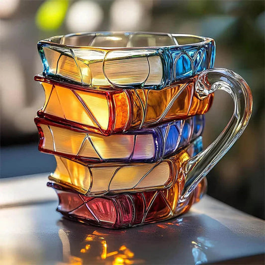 Taza de Café de Vidrio de 350 ml con Patrón de Libro en 3D – Hecha a Mano, Vidrio de Alta Calidad