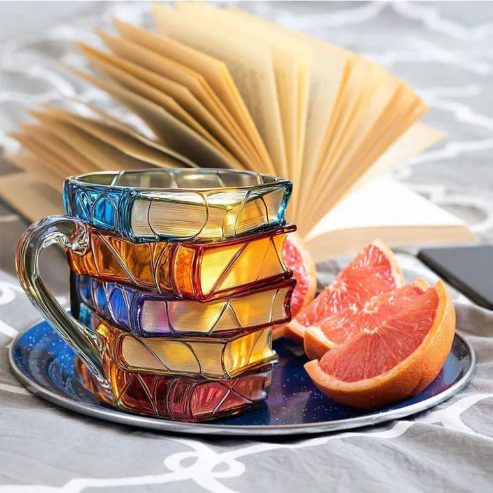 Taza de Vidrio 3D Hecha a Mano en Forma de Libro – Taza Artística para Café y Té, 350 ml