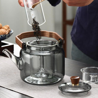 Tetera de Vidrio con Tapa de Madera y Filtro – 1.2 Litros, Vidrio Ahumado y Madera para una Elegante Experiencia de Té