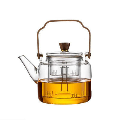 Tetera de Vidrio con Tapa de Madera y Filtro – 1.2 Litros, Vidrio Ahumado y Madera para una Elegante Experiencia de Té