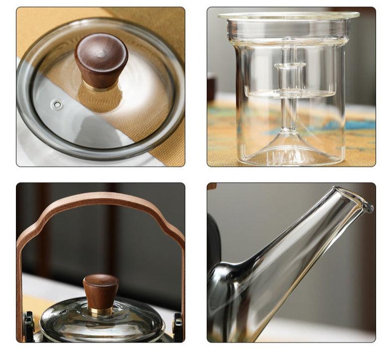 Tetera de Vidrio con Tapa de Madera y Filtro – 1.2 Litros, Vidrio Ahumado y Madera para una Elegante Experiencia de Té