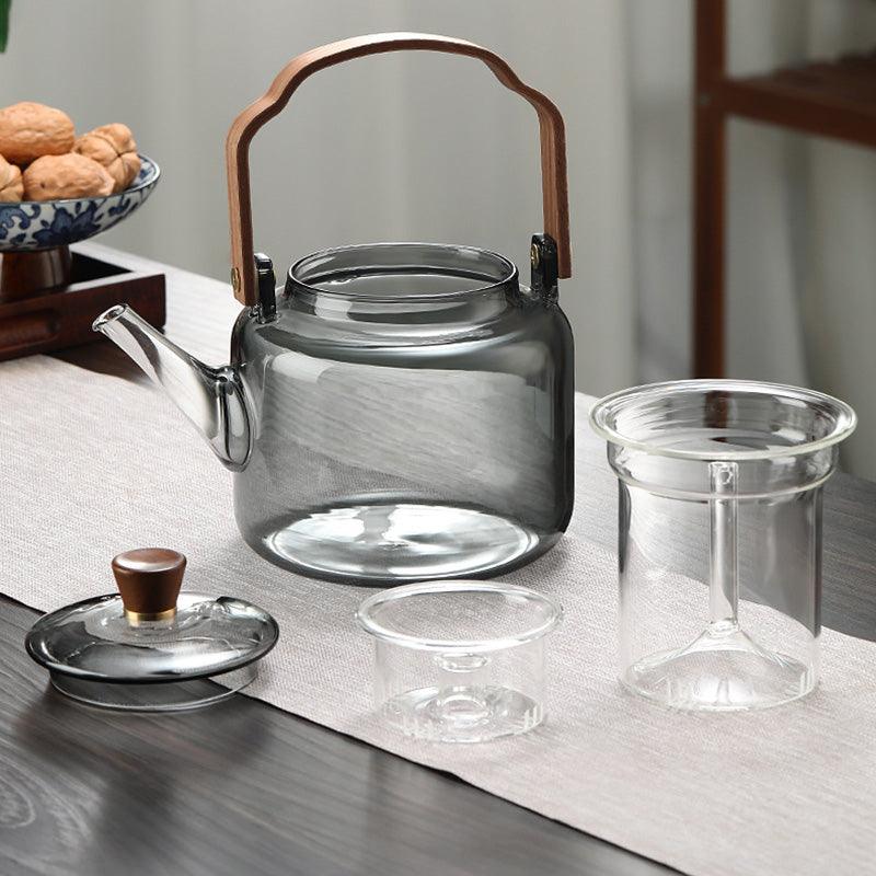 Tetera de Vidrio con Tapa de Madera y Filtro – 1.2 Litros, Vidrio Ahumado y Madera para una Elegante Experiencia de Té