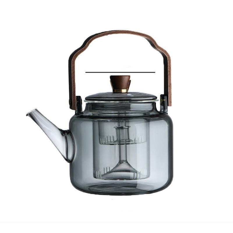 Tetera de Vidrio con Tapa de Madera y Filtro – 1.2 Litros, Vidrio Ahumado y Madera para una Elegante Experiencia de Té