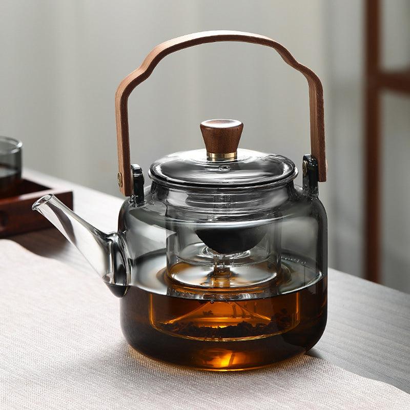 Tetera de Vidrio con Tapa de Madera y Filtro – 1.2 Litros, Vidrio Ahumado y Madera para una Elegante Experiencia de Té