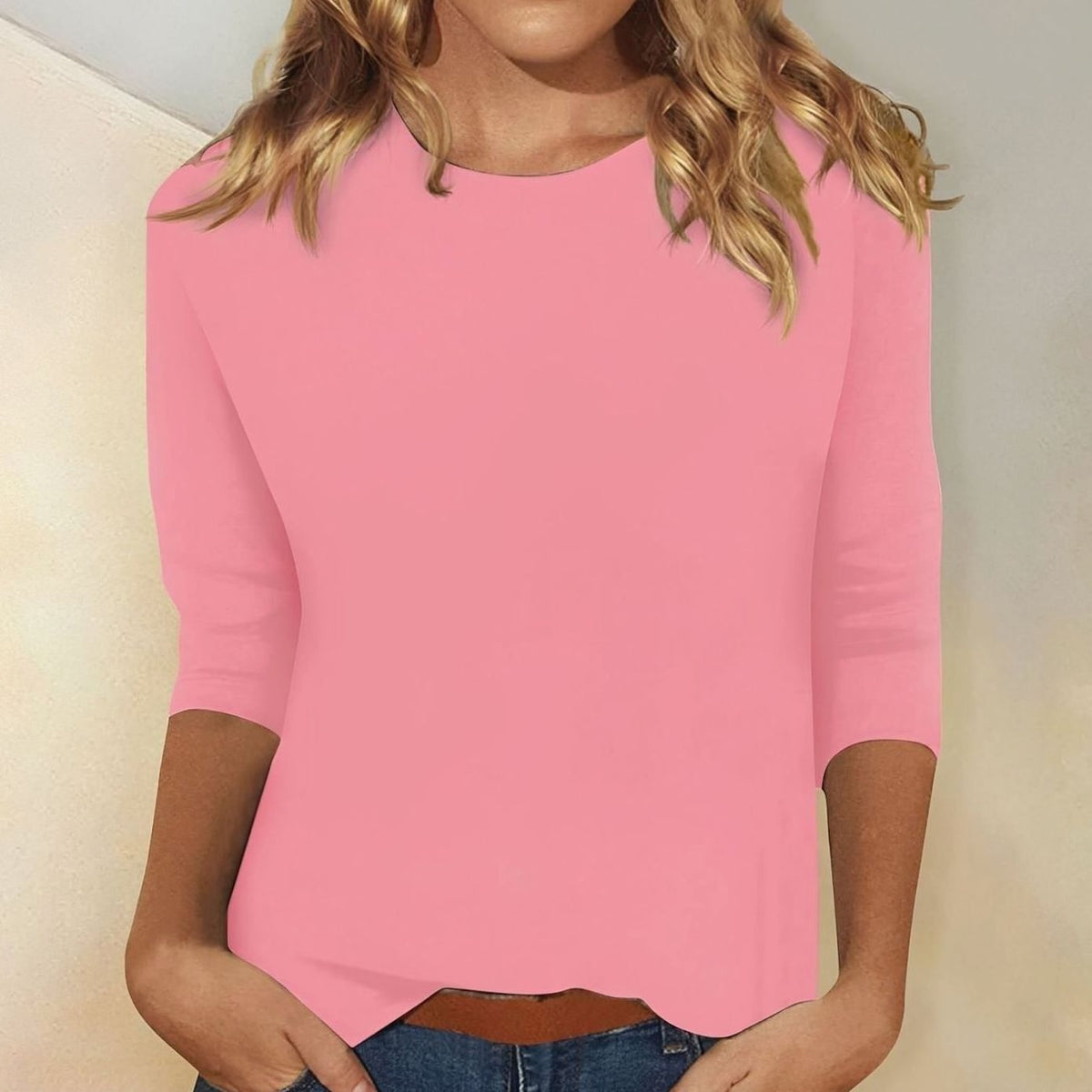 Top casual para mujer de corte holgado con cuello redondo y manga 3/4