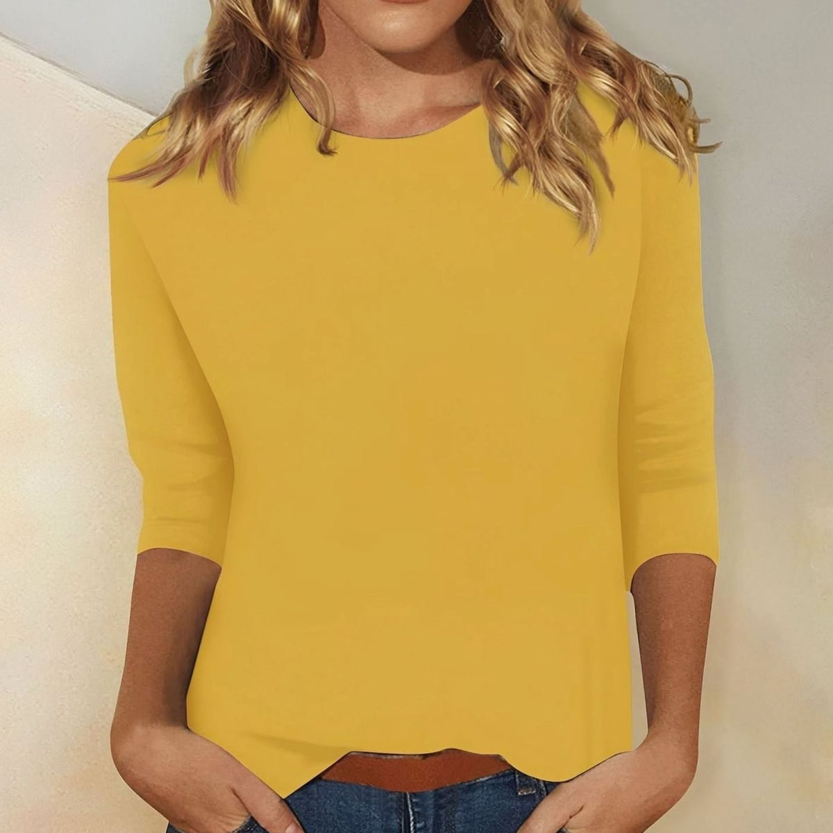 Top casual para mujer de corte holgado con cuello redondo y manga 3/4