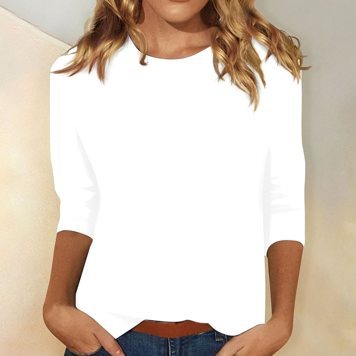 Top casual para mujer de corte holgado con cuello redondo y manga 3/4