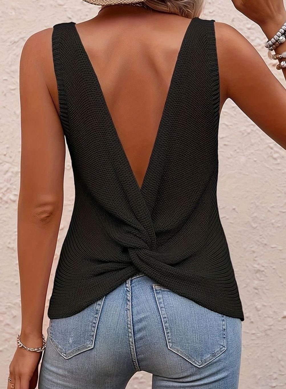 Top de punto sin mangas con escote en pico y corte holgado para mujer