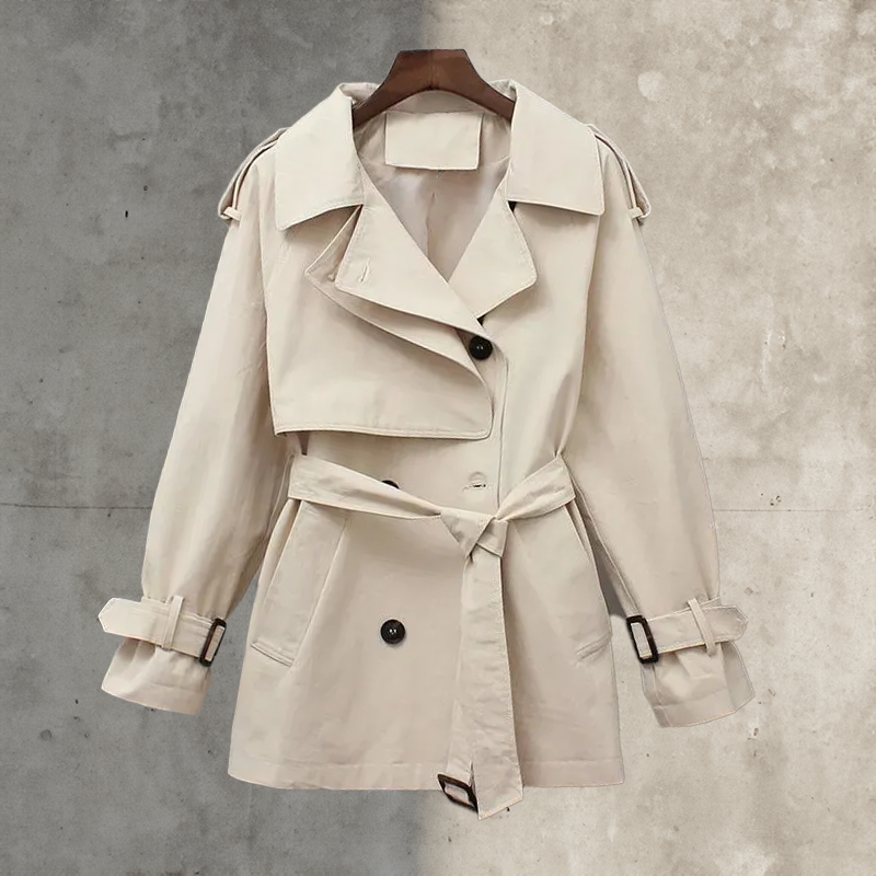 Trench con cinturón y doble abotonadura para mujer