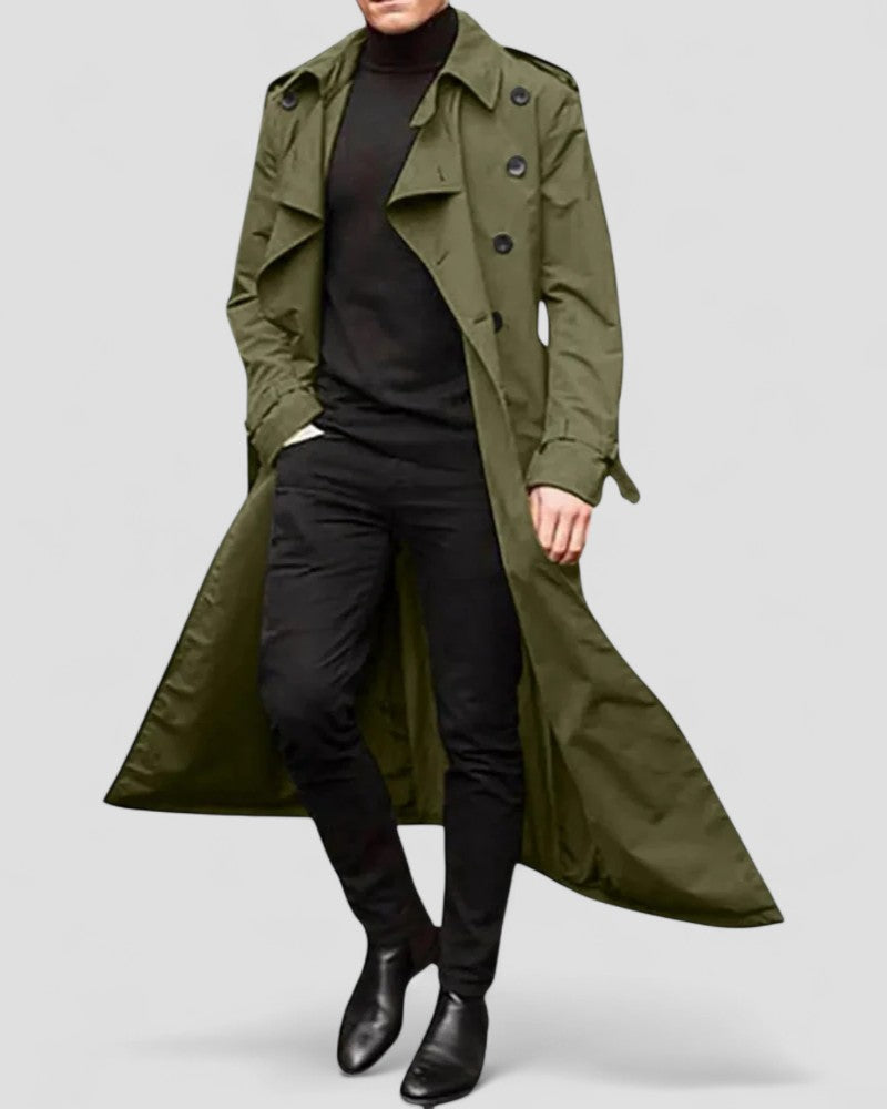 Trenchcoat largo cruzado para hombre de estilo moderno