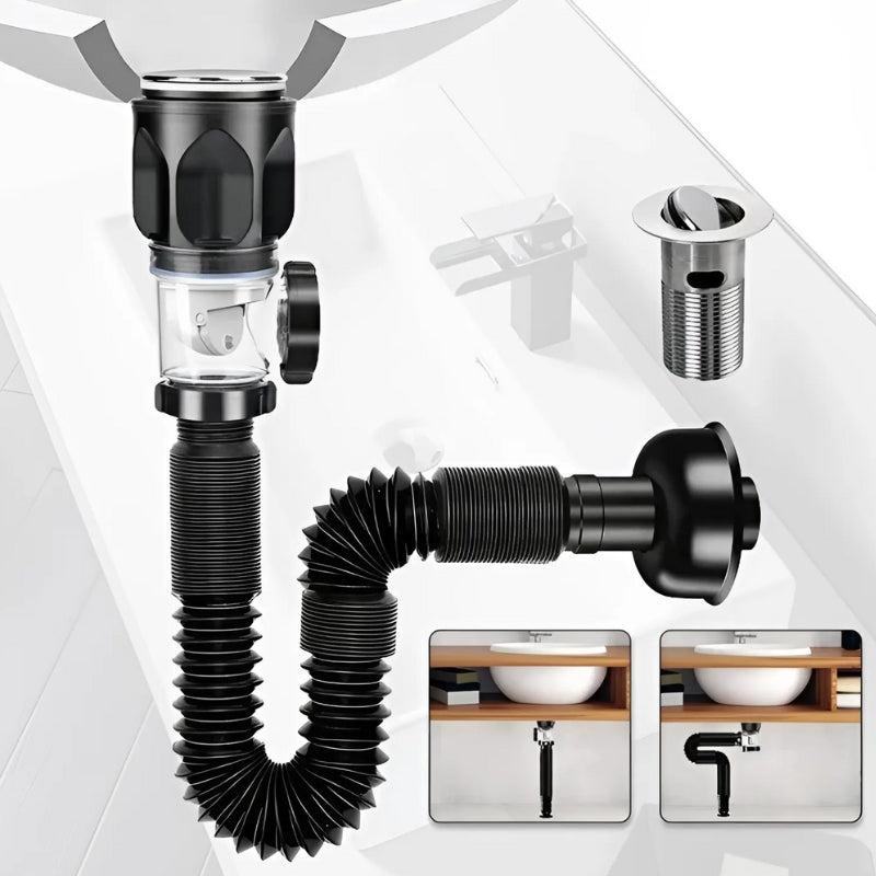 Tubo de desagüe flexible con filtro y sistema antiolores para lavabos y fregaderos