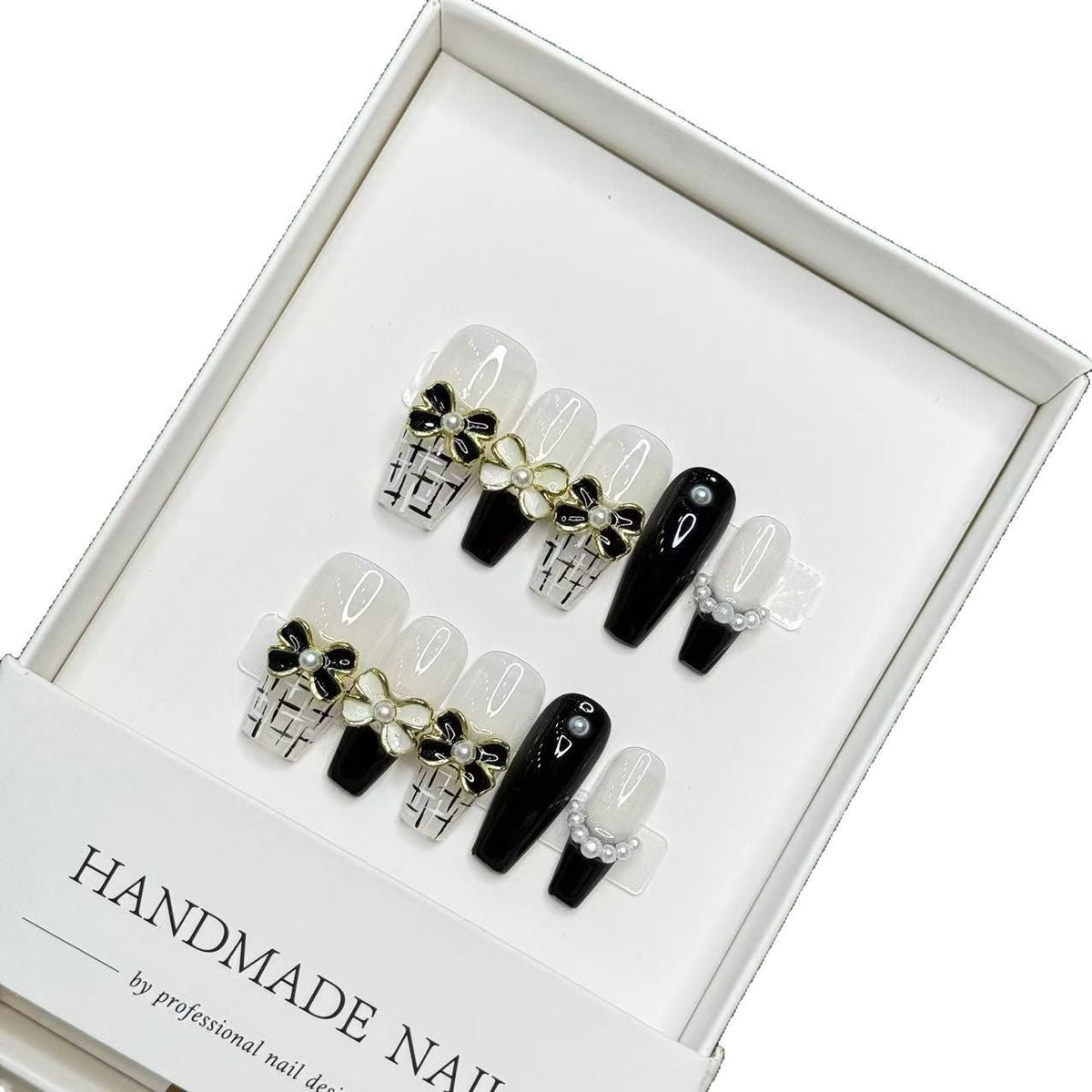 Uñas postizas press-on decorativas hechas a mano largas estilo stiletto con detalles florales y perlas