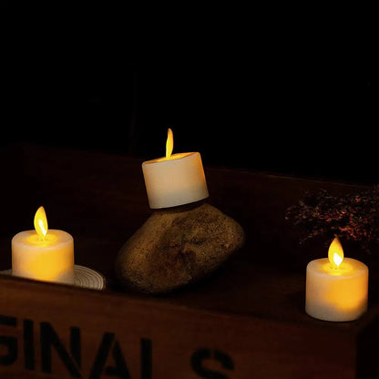 Velas de té LED sin llama de cera auténtica con efecto parpadeante, temporizador con mando y luz ambiental