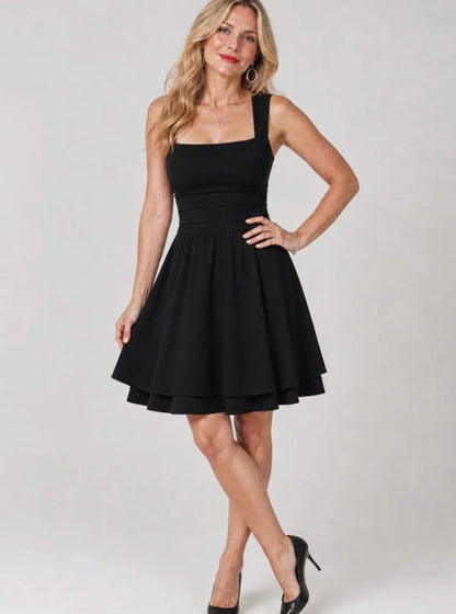 Vestido corto de cóctel para mujer con escote cuadrado, cintura fruncida y corte acampanado
