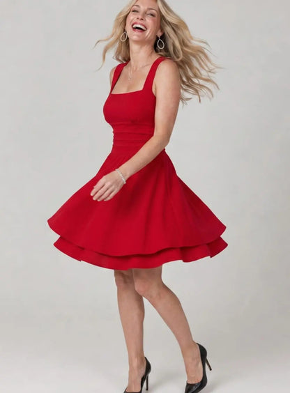 Vestido corto de cóctel para mujer con escote cuadrado, cintura fruncida y corte acampanado