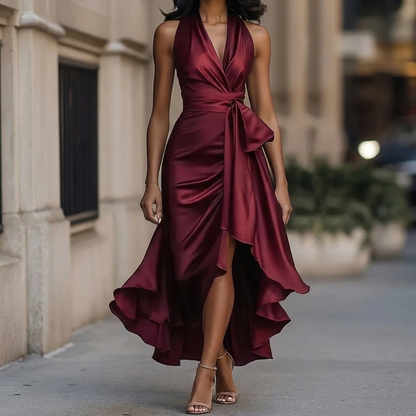 Vestido de noche para mujer con escote en V pronunciado y volantes