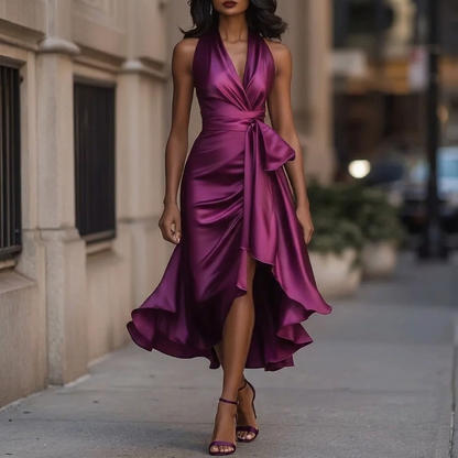Vestido de noche para mujer con escote en V pronunciado y volantes
