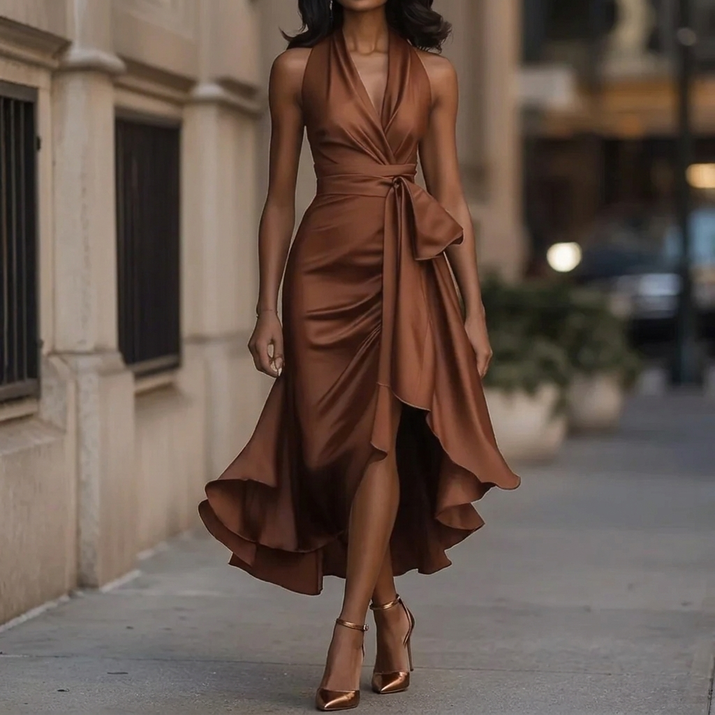 Vestido de noche para mujer con escote en V pronunciado y volantes