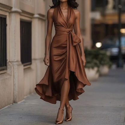 Vestido de noche para mujer con escote en V pronunciado y volantes