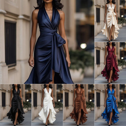 Vestido de noche para mujer con escote en V pronunciado y volantes