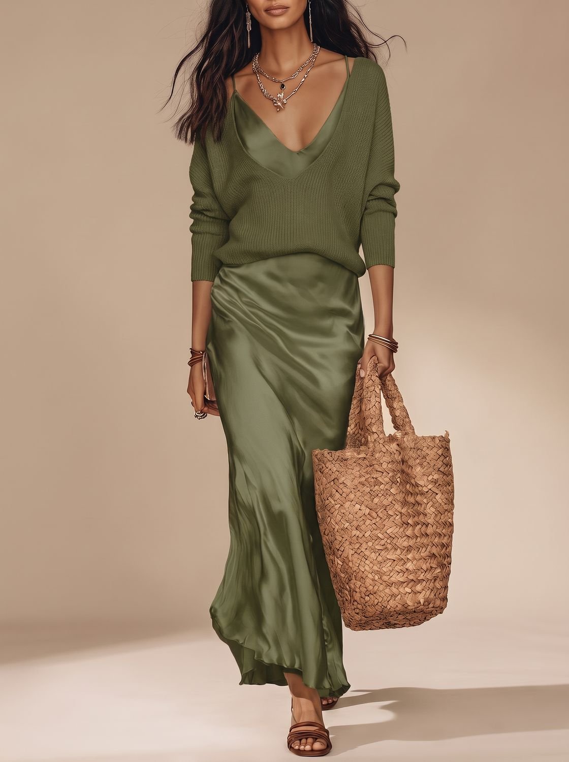 Vestido largo lencero de satén con escote en V para mujer