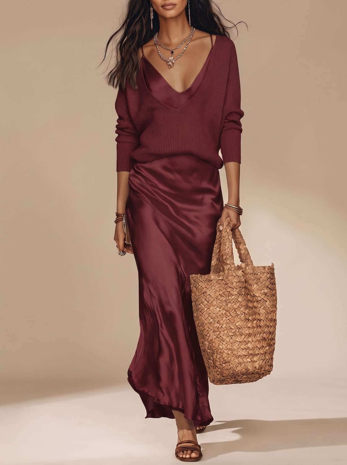 Vestido largo lencero de satén con escote en V para mujer