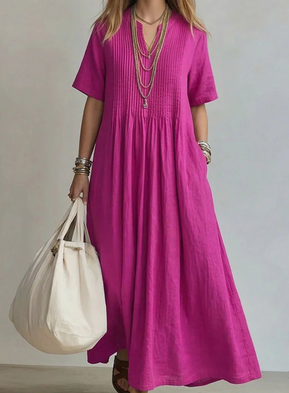 Vestido maxi fluido con cuello en V y pliegues para mujer