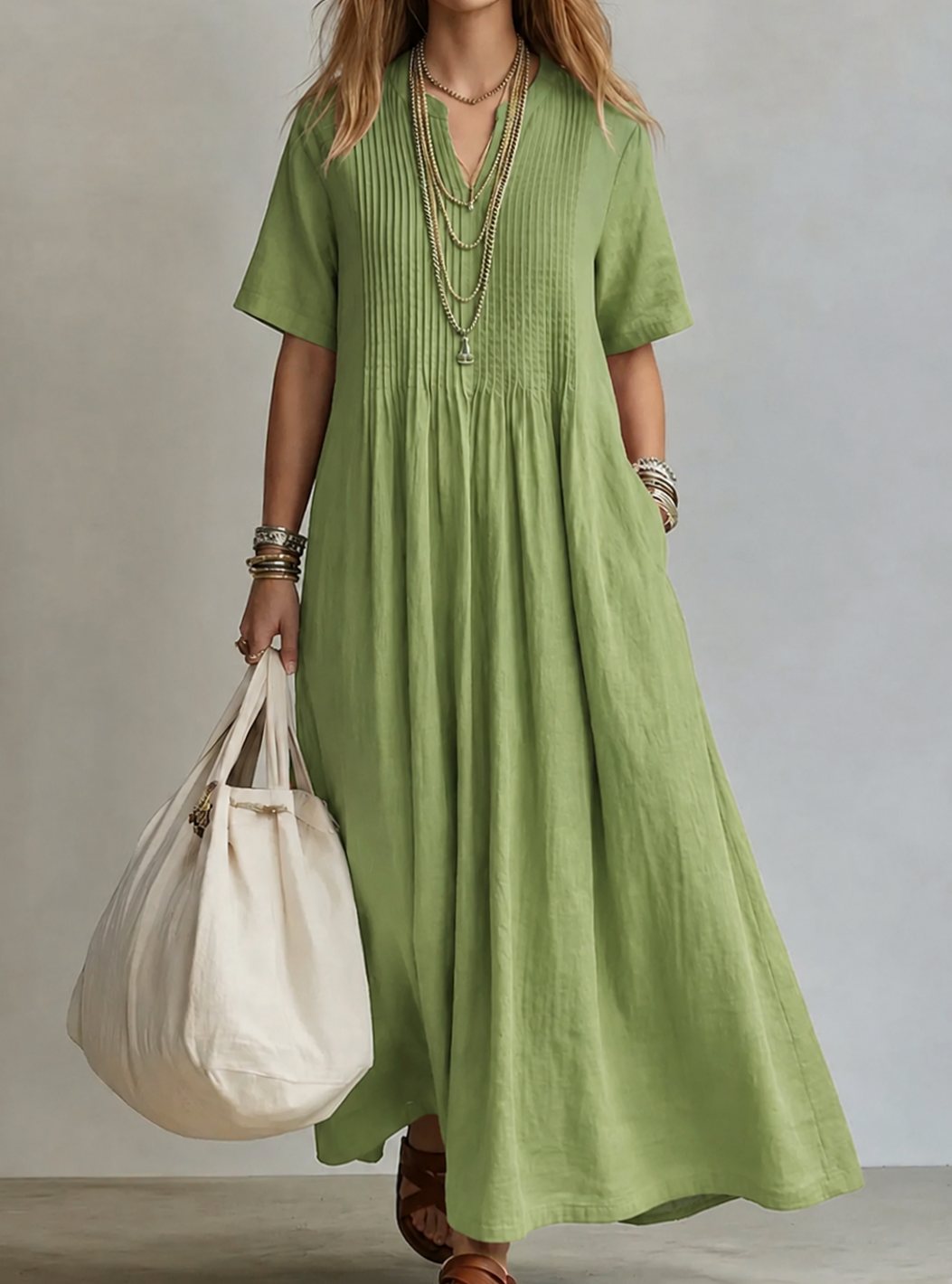 Vestido maxi fluido con cuello en V y pliegues para mujer