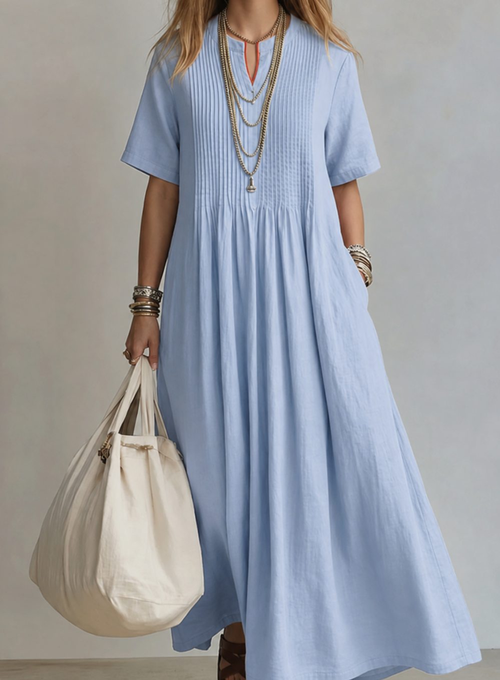 Vestido maxi fluido con cuello en V y pliegues para mujer