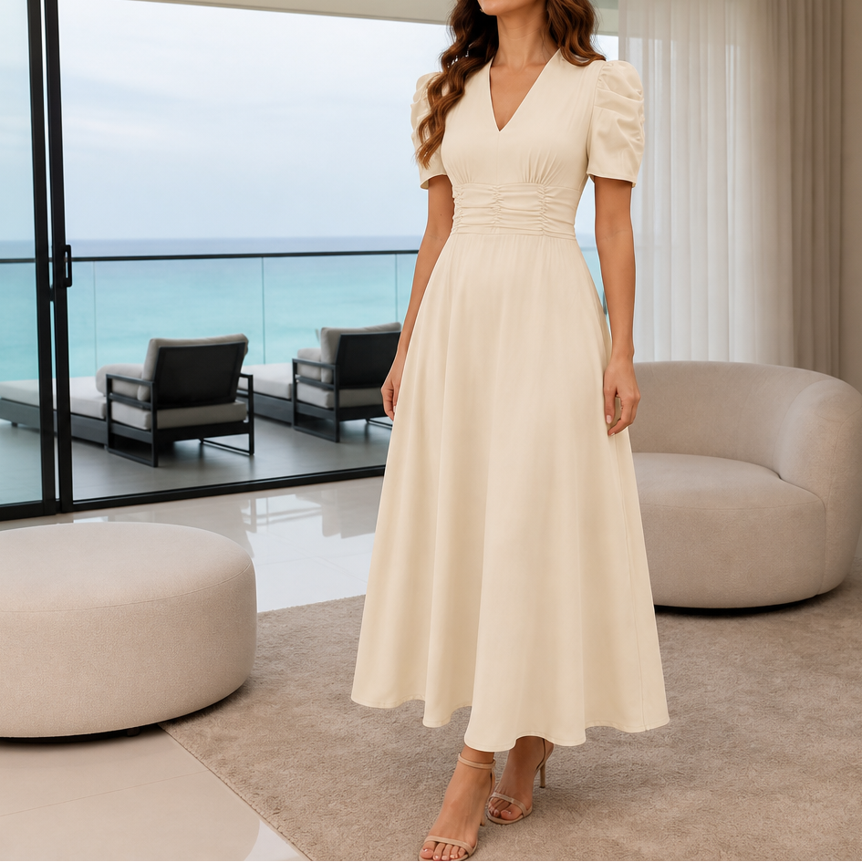 Vestido midi con escote en V, cintura fruncida y mangas abullonadas