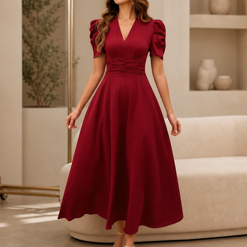 Vestido midi con escote en V, cintura fruncida y mangas abullonadas