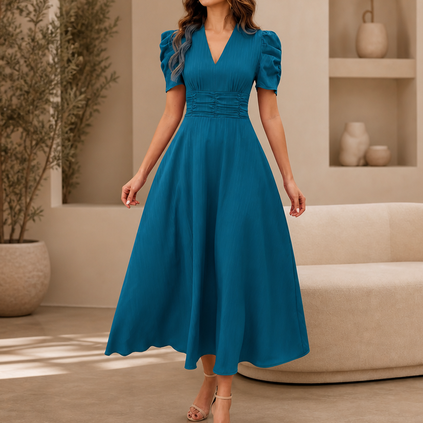 Vestido midi con escote en V, cintura fruncida y mangas abullonadas