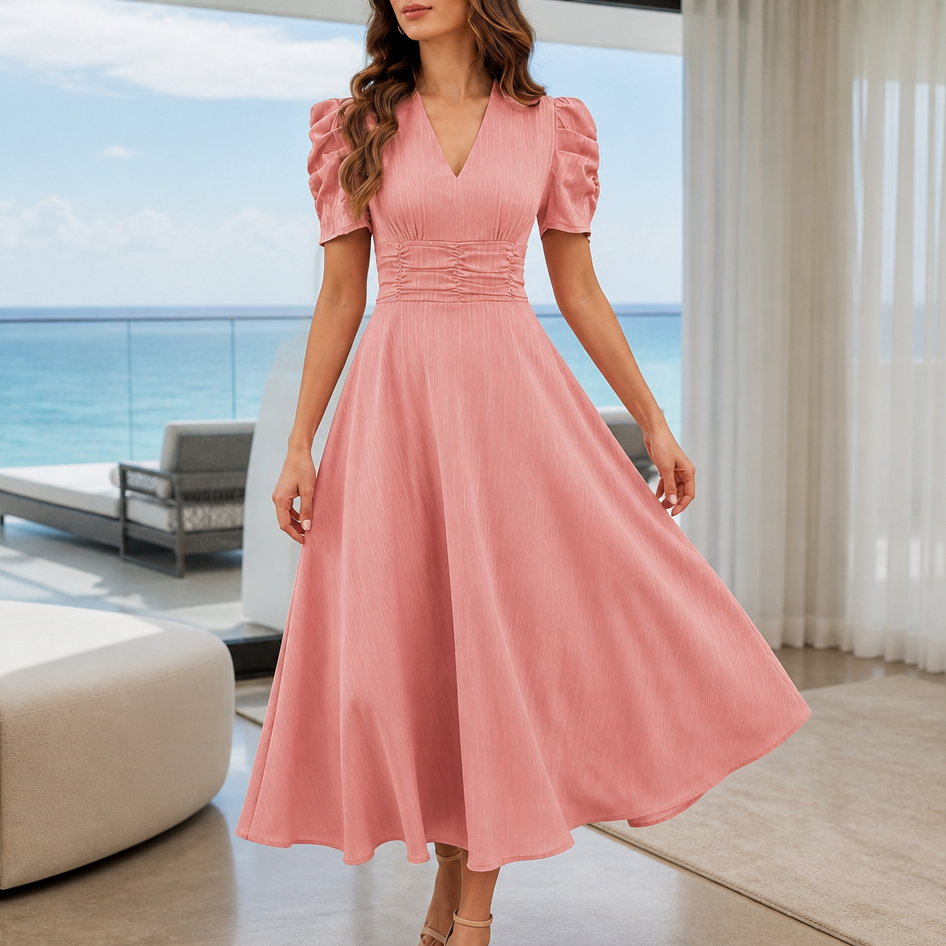 Vestido midi con escote en V, cintura fruncida y mangas abullonadas